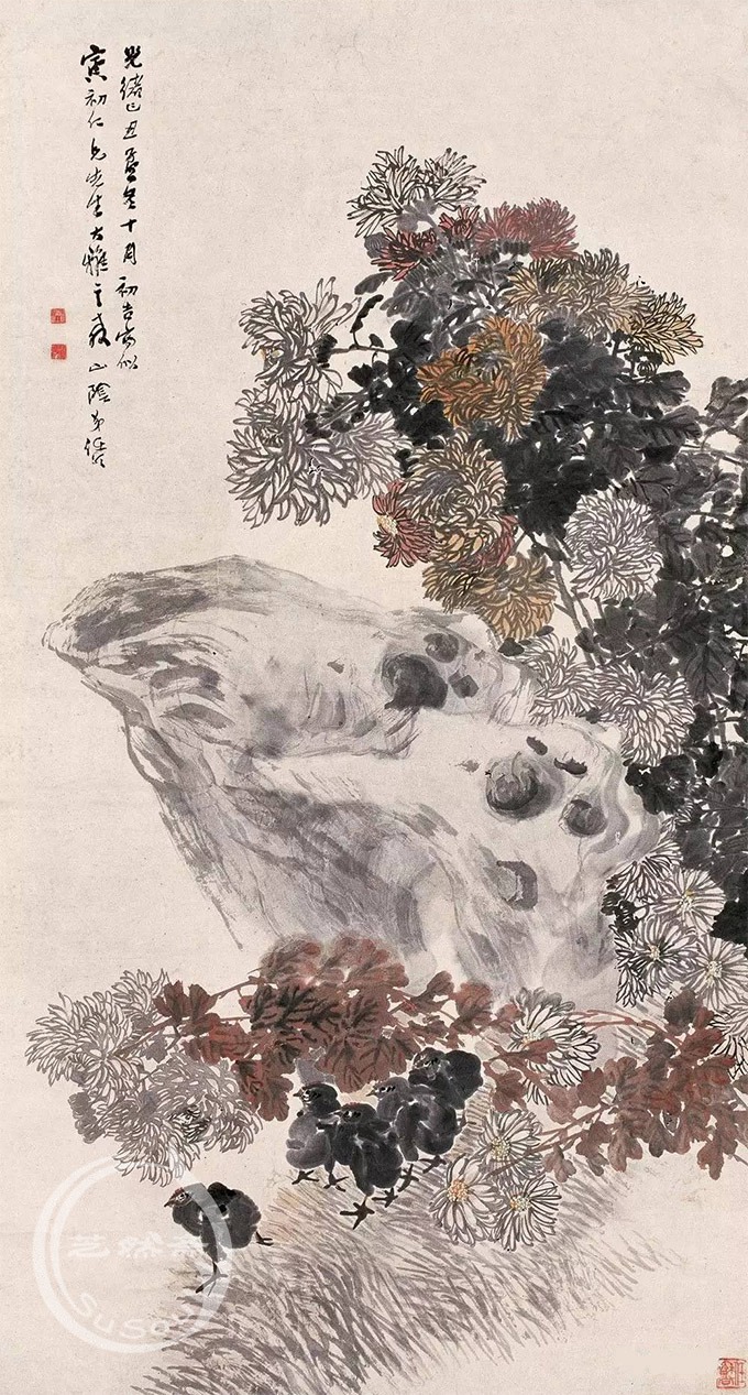 任伯年 《菊石图》|菊花|芝然斋苏绣艺术品